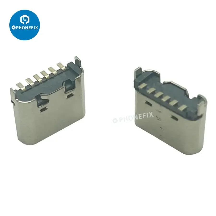 USB 3.0 Type C 6-pin female plug vertical jack charging connector by PHONEFIX, close-up of the metal port for phone accessories.