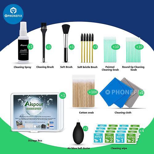 PHONEFIX multifunction cleaning brush toolkit for cell phones, earbuds, tablets, and laptops with various brush tips for thorough cleaning.