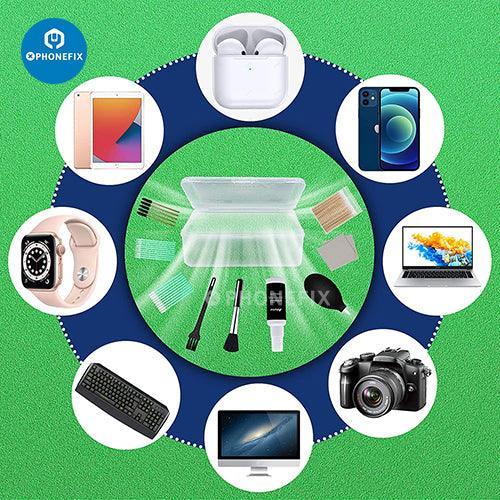 PHONEFIX multifunction cleaning brush toolkit for cell phones, earbuds, tablets, and laptops, with various brushes for device cleaning.
