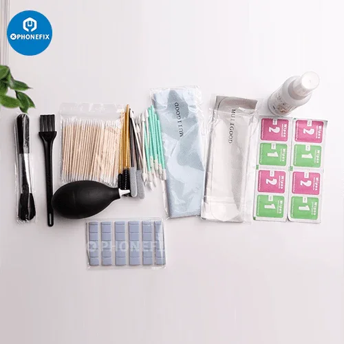 PHONEFIX multifunction cleaning brush toolkit for cell phones, earbuds, tablets, and laptops, with various brush heads for delicate cleaning.