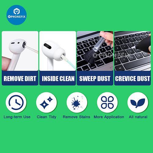 PHONEFIX multifunction cleaning brush toolkit for cell phones, earbuds, tablets, and laptops with various brushes and tools.