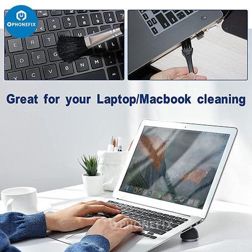 PHONEFIX multifunction cleaning brush toolkit for cell phones, earbuds, tablets, and laptops showing various brushes and tools.