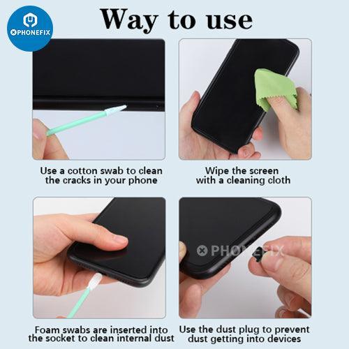PHONEFIX multifunction cleaning brush toolkit for cell phones, earbuds, tablets, and laptops, featuring various brushes and tools.