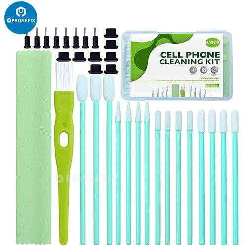 PhoneFIX multifunction cleaning brush toolkit for cell phones, earbuds, tablets, and laptops, with brushes for device cleaning.