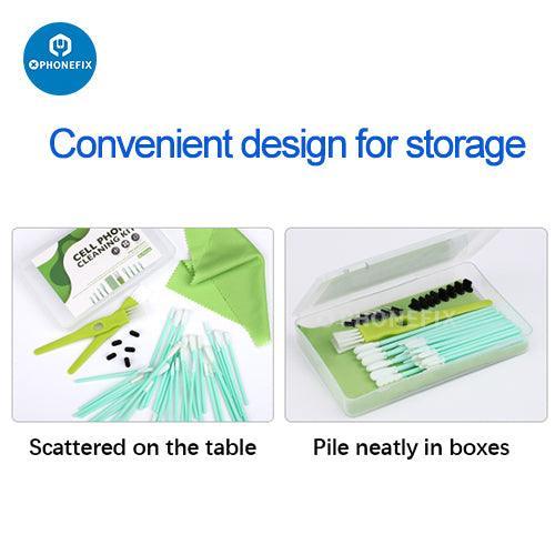 PhoneFix multifunction cleaning brush toolkit for cell phones, earbuds, tablets, and laptops with various brush attachments.