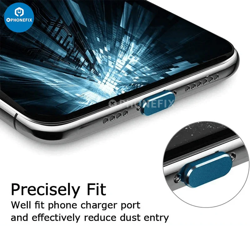Aluminum alloy anti-dust plug for iPhone USB charging port, dustproof cap by PHONEFIX, protects phone charging port from dust and debris.