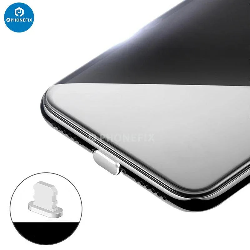 Aluminum alloy anti-dust plug for iPhone USB charging port, dustproof cap from PHONEFIX, protects phone charging port from debris.