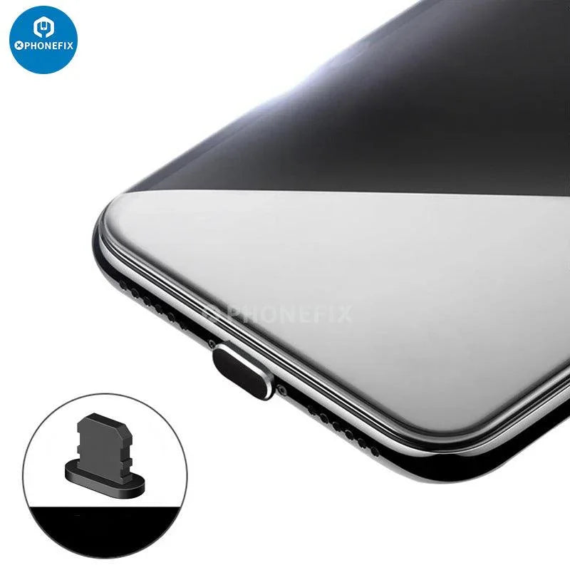 Aluminum alloy anti-dust plug for iPhone USB charging port, PhoneFIX dustproof cap for protecting phone charging port.