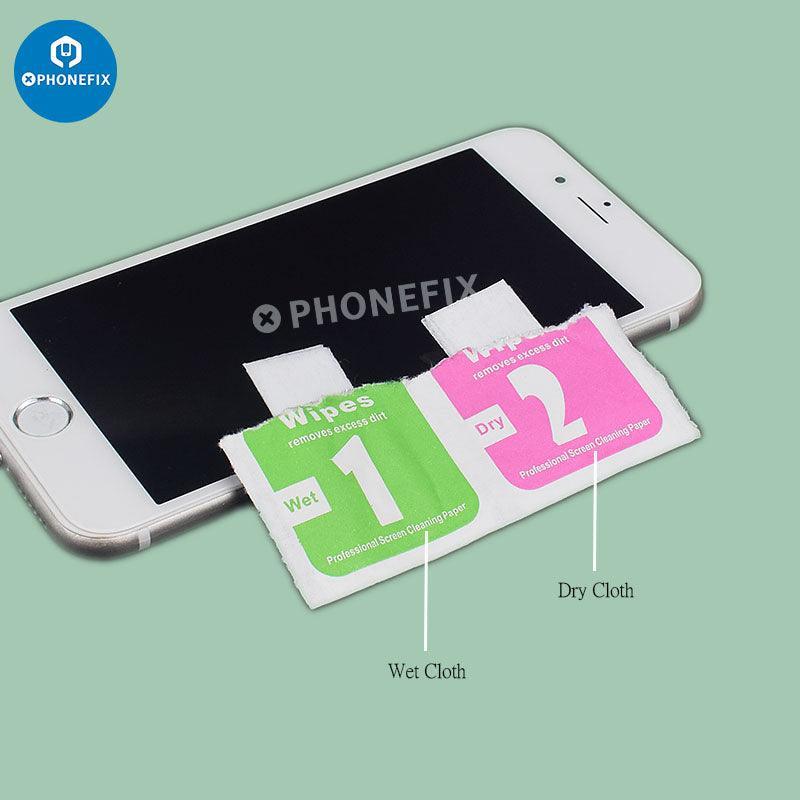 Set of five PHONEFIX 2-in-1 wet and dry screen cleaning wipes for phones, tablets, and laptops with soft, lint-free cloths.