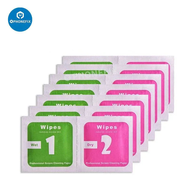 PHONEFIX 2-in-1 wet and dry screen cleaning wipes for phones, tablets, and laptops, shown as five cleaning papers.