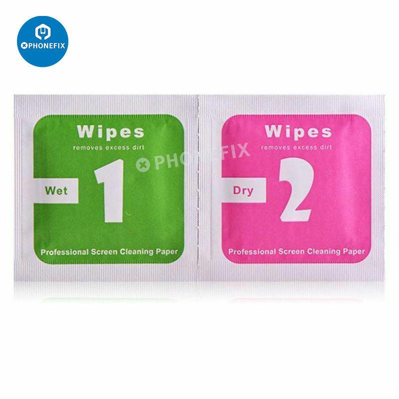 Set of five PHONEFIX 2-in-1 wet and dry screen cleaning wipes for phones, tablets, and laptops, suitable for gentle cleaning.