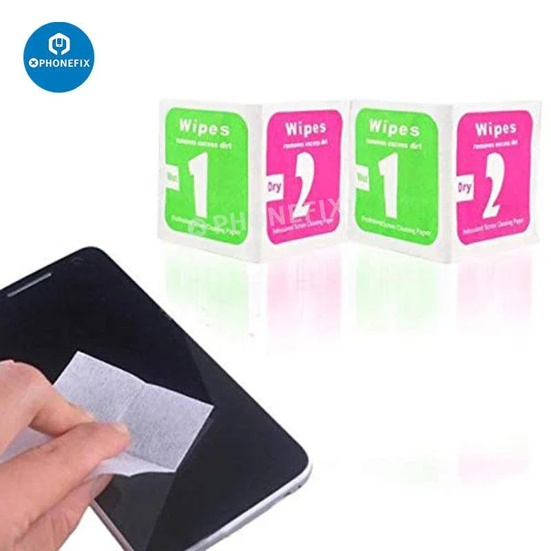 Pack of five PHONEFIX 2-in-1 wet and dry screen cleaning wipes for phones, tablets, and laptops with soft, lint-free cloths.