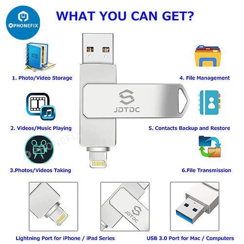 PHONEFIX 64GB-1TB USB flash drive for iPhone and iPad, portable memory upgrade accessory with photo storage capability.