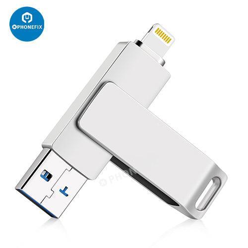 PHONEFIX 64GB to 1TB USB flash drive for iPhone and iPad, portable memory upgrade accessory with photo storage capabilities.