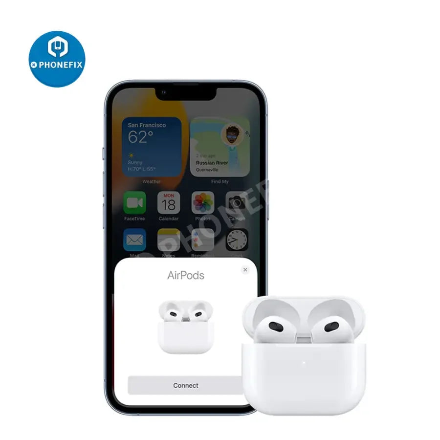 Wireless Bluetooth headphones with charging case for Apple AirPods by PHONEFIX, shown with sleek design and compact charging case.