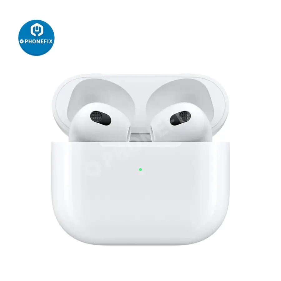 Wireless Bluetooth headphones with charging case for Apple AirPods from PHONEFIX, shown in black with compact charging case