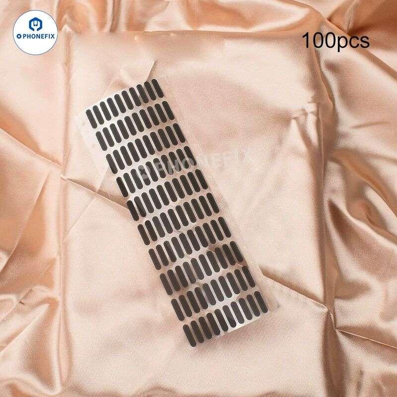Set of 100 PHONEFIX universal phone dustproof net speaker earpiece stickers for protecting audio ports and accessories.