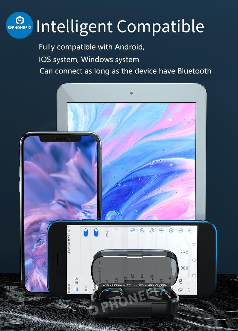 Black M10 TWS Bluetooth waterproof earphones with LED lights and 9D wireless sound, designed for phone accessories by PHONEFIX.