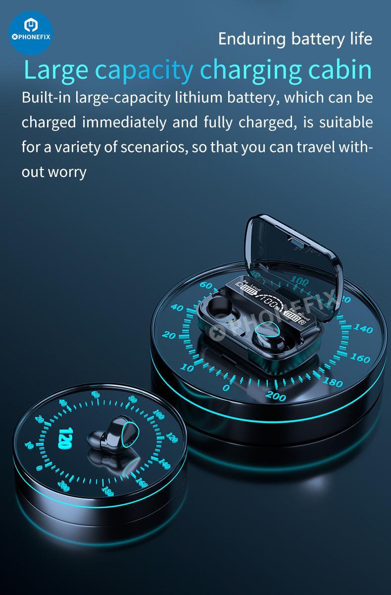 PhoneFIX M10 TWS LED Bluetooth waterproof earphones with 9D wireless earbuds, black, compact, and designed for phone accessories.