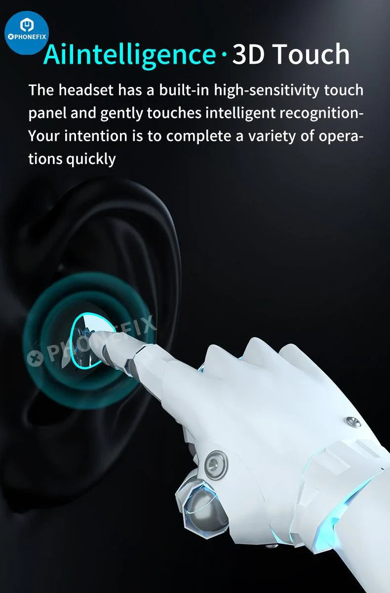 Black M10 TWS LED Bluetooth waterproof wireless earbuds by PHONEFIX, featuring 9D sound and compact design for phone accessories.
