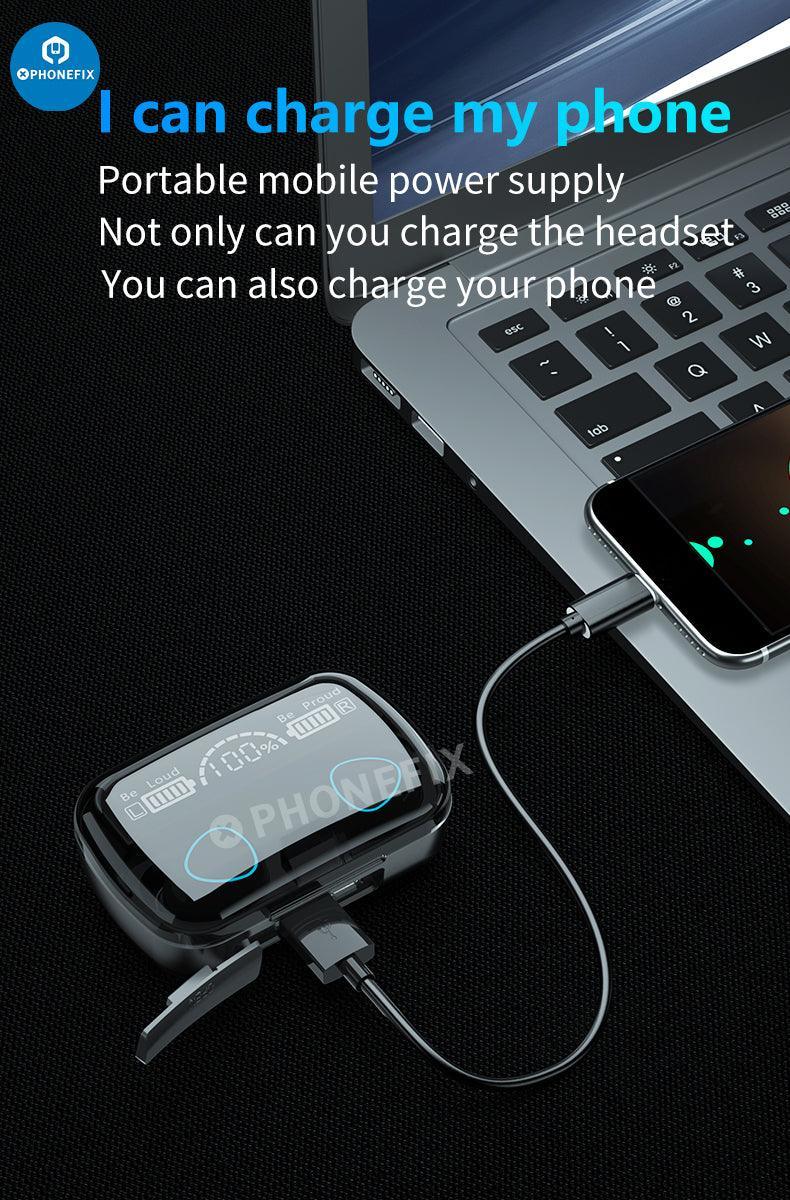 Black M10 TWS LED Bluetooth waterproof earbuds by PHONEFIX, wireless 9D earphones designed for phone accessories use.