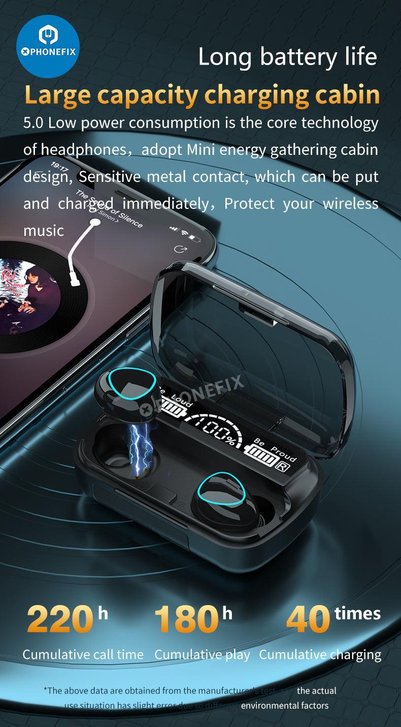 Black M10 TWS Bluetooth waterproof wireless earbuds with LED lights and 9D sound, designed for phone accessory use.