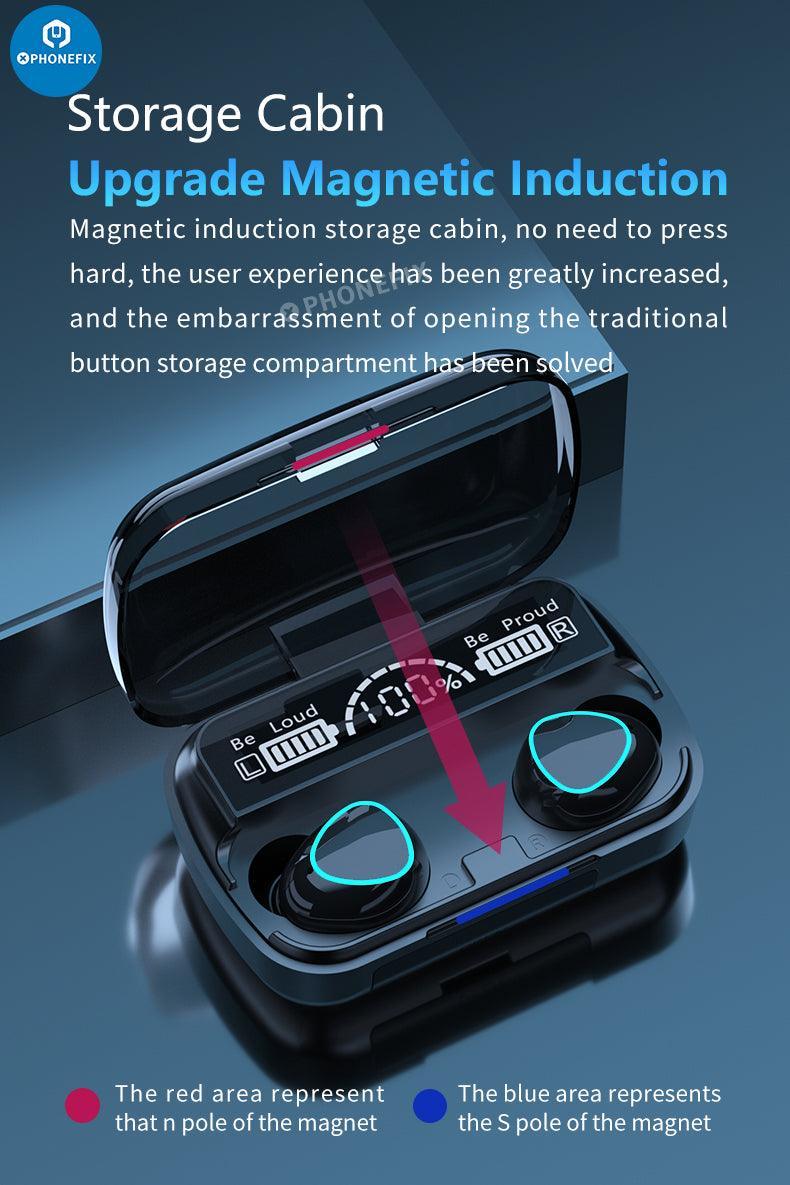 Black PHONEFIX M10 TWS LED Bluetooth waterproof earphones with 9D wireless earbuds for phone accessories.