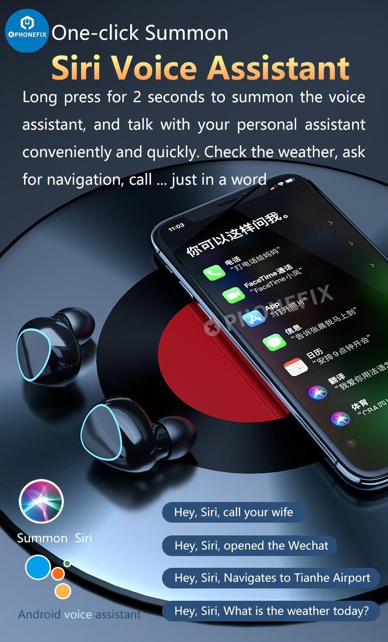 Black PHONEFIX M10 TWS Bluetooth waterproof earphones with LED lights and 9D wireless design for phone accessories.