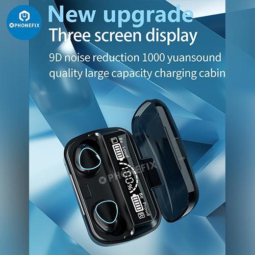 Black PHONEFIX M10 TWS LED Bluetooth waterproof wireless earbuds with 9D sound and compact earphone design for phone accessories.