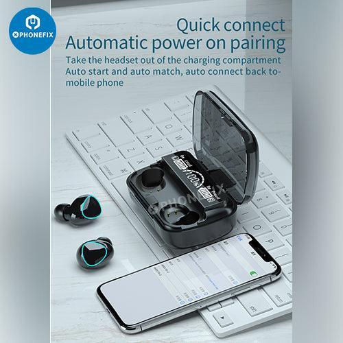 Black PHONEFIX M10 TWS LED Bluetooth waterproof wireless earbuds with 9D sound, compact phone accessory for hands-free listening.