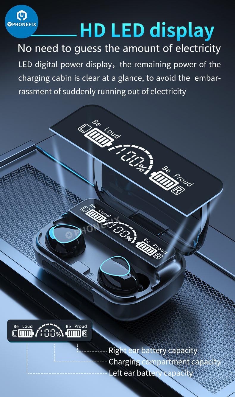 Black PHONEFIX M10 TWS Bluetooth waterproof earphones with LED lights and 9D wireless earbuds for phone accessories.