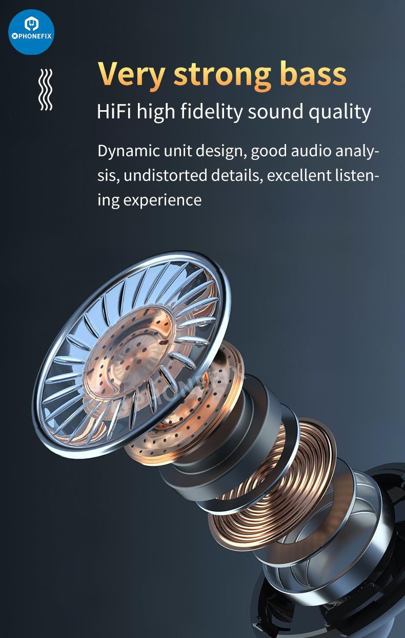 PHONEFIX M10 TWS LED Bluetooth waterproof wireless earbuds with 9D sound, black earphones for phone accessories.