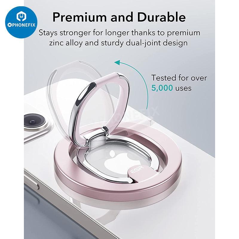 Black MagSafe magnetic ring holder with adjustable stand for iPhone 12-14 by PHONEFIX, featuring a sleek design and versatile support.