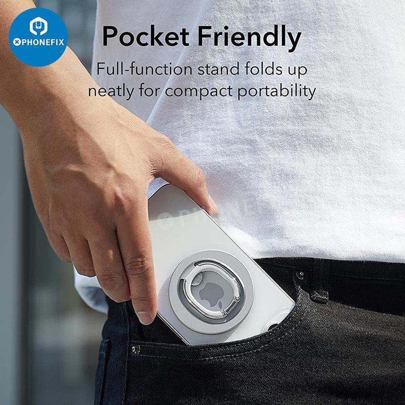 Black MagSafe magnetic ring holder with adjustable stand for iPhone 12-14, by PHONEFIX, shown holding an iPhone.