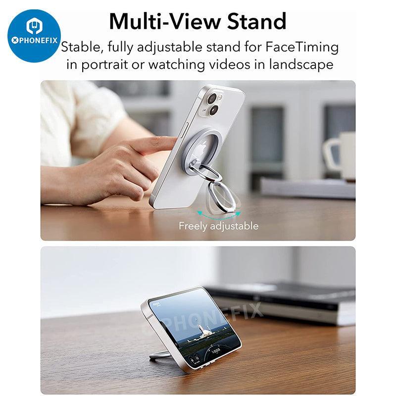 Black PhoneFIX MagSafe magnetic ring holder with adjustable stand for iPhone 12-14, featuring a sleek design and secure magnetic attachment.