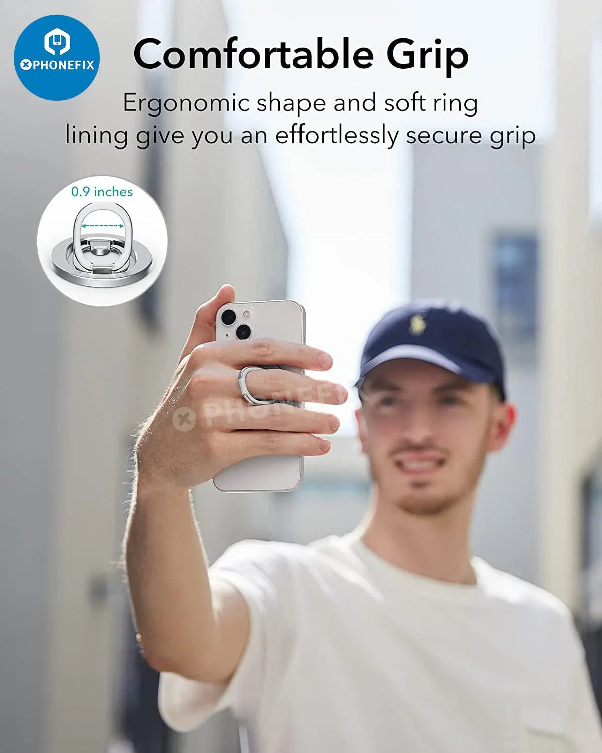 Black PhoneFIX MagSafe magnetic ring holder with adjustable stand for iPhone 12-14, designed for secure grip and hands-free use.