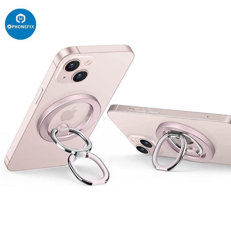 Black MagSafe magnetic ring holder with adjustable stand for iPhone 12-14, by PHONEFIX, shown on a smartphone.
