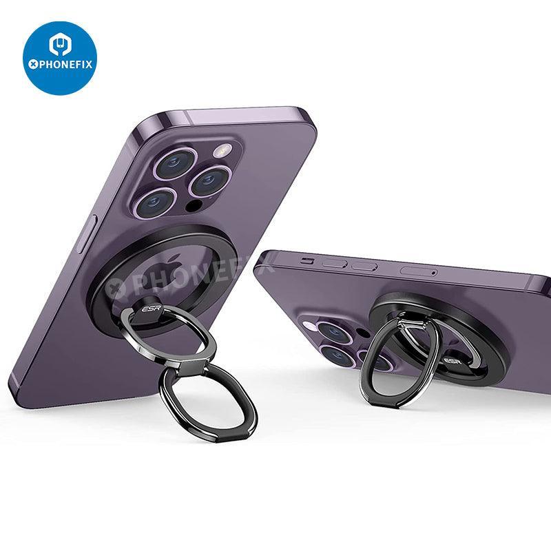 Black MagSafe magnetic ring holder with adjustable stand for iPhone 12-14 by PHONEFIX, shown attached to a phone.