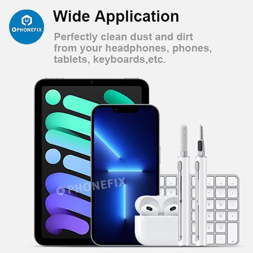 Kit de nettoyage multifonction PhoneFIX pour boîtier d'écouteurs Bluetooth AirPods, comprenant des brosses et des outils pour l'entretien du boîtier.