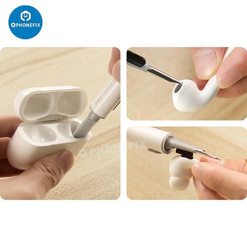 Kit de nettoyage multifonction PHONEFIX pour boîtiers d'écouteurs Bluetooth AirPods, comprenant des brosses et des outils pour nettoyer les boîtiers et les oreillettes.