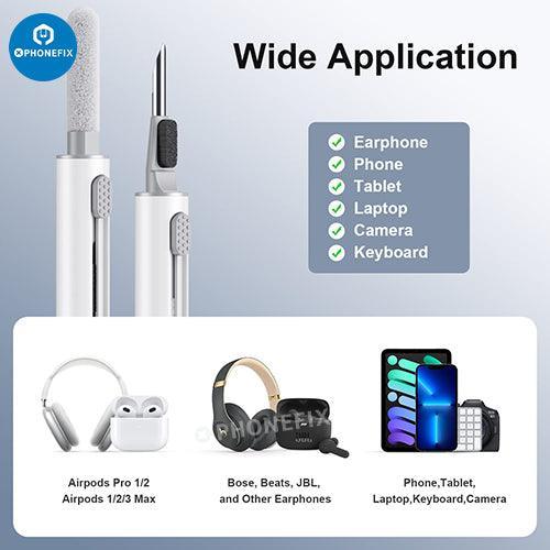 PHONEFIX Kit de nettoyage multifonction pour boîtier d'écouteurs Bluetooth AirPods, comprenant des brosses et des outils pour le nettoyage et l'entretien.