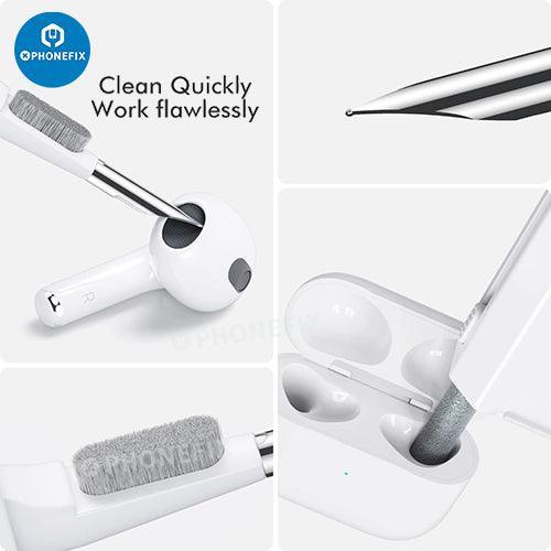 PHONEFIX Kit de nettoyage multifonction pour boîtier d'écouteurs Bluetooth AirPods, comprenant des brosses et des outils d'entretien.