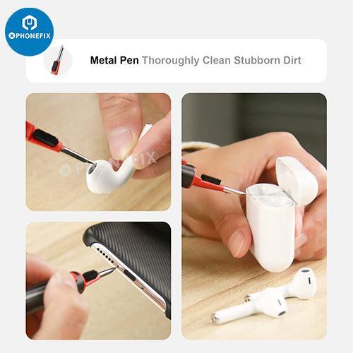 Kit de nettoyage multifonction PhoneFIX pour boîtier d'écouteurs Bluetooth AirPods, comprenant des brosses et des outils pour un nettoyage facile.