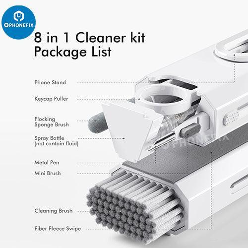 Kit de nettoyage multifonction PHONEFIX pour boîtier d'écouteurs Bluetooth AirPods, comprenant des brosses et des outils pour un nettoyage en profondeur.