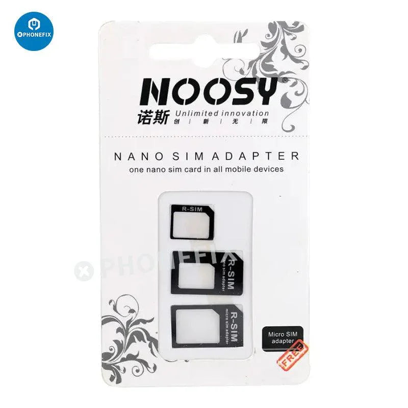 Adaptateur PHONEFIX pour carte Nano SIM et adaptateur pour carte micro SIM avec aiguille d'éjection pour une compatibilité téléphonique et un changement de carte SIM faciles.