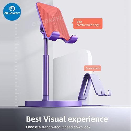 Blue PHONEFIX multi-function adjustable metal stand holder for phone and tablet repair, supporting various device angles.