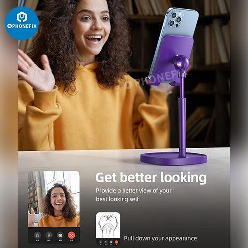 Blue PHONEFIX multi-function adjustable metal stand holder for phone and tablet repair, supporting devices securely.
