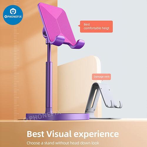 Blue multi-function adjustable metal stand holder for PHONEFIX phone and tablet repair, supporting stable device positioning.