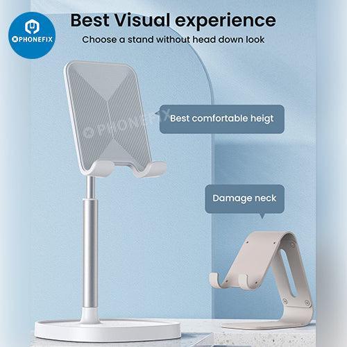 Blue PHONEFIX multi-function adjustable metal stand holder for phones and tablets, ideal for repair and hands-free use.