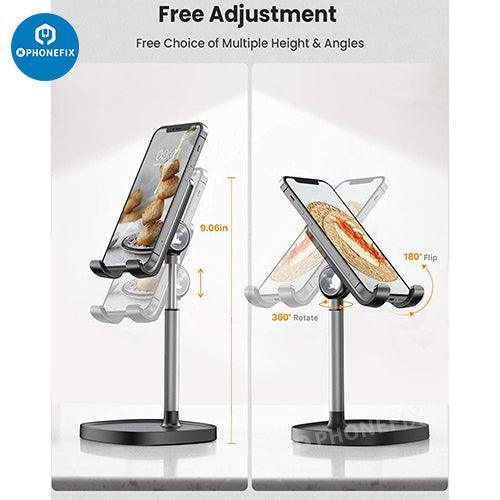 Blue PHONEFIX multi-function adjustable metal stand holder for phones and tablets, used for repair and viewing.